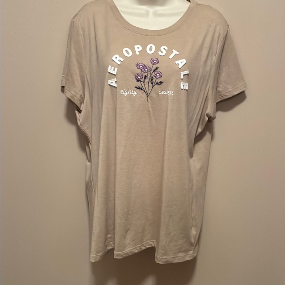 Aeropostale Beige Short Sleeve Tee with Purple Floral Design